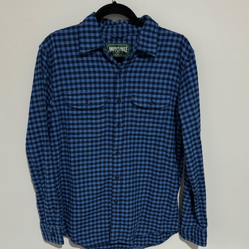 American Eagle Outfitters Blue and Navy Check Button-Down Shirt